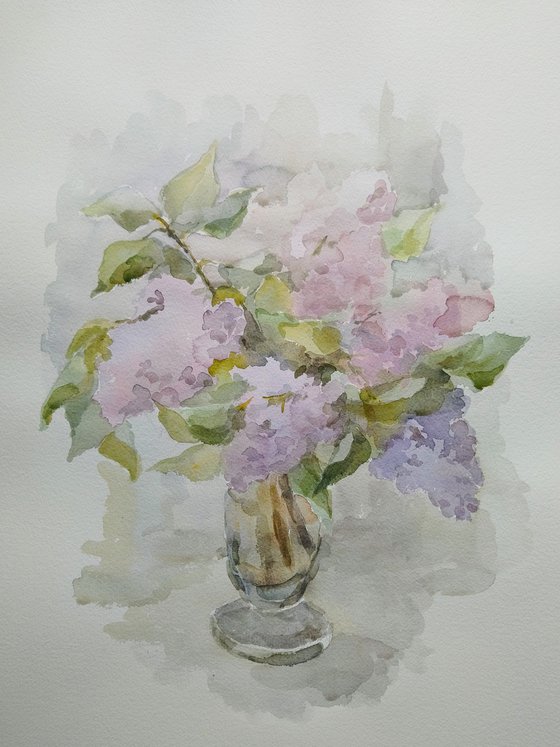 Bouquet of lilac flowers in vase. Original watercolour painting