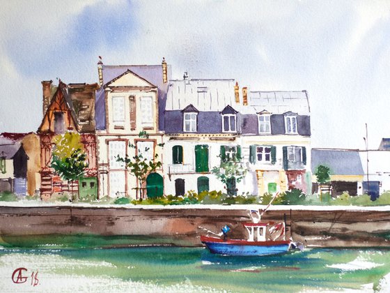 Low water in Deauville. Original watercolor small size impressionism travel france normandy sea seaside landscape interior decor