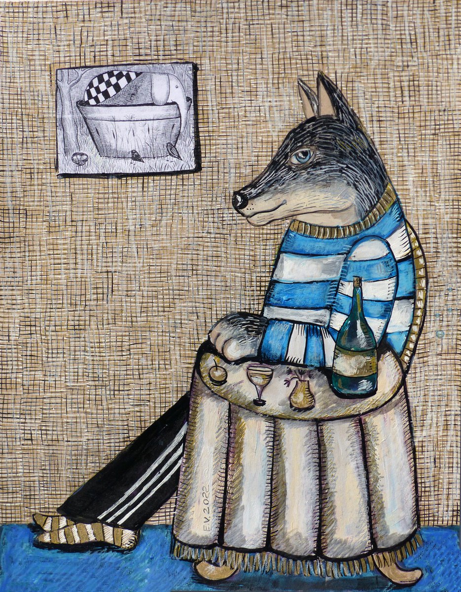 Surrealistic Animal Painting By Elizabeth Vlasova, 11 X 14, Thoughtful Wolf #2, Original Artwork