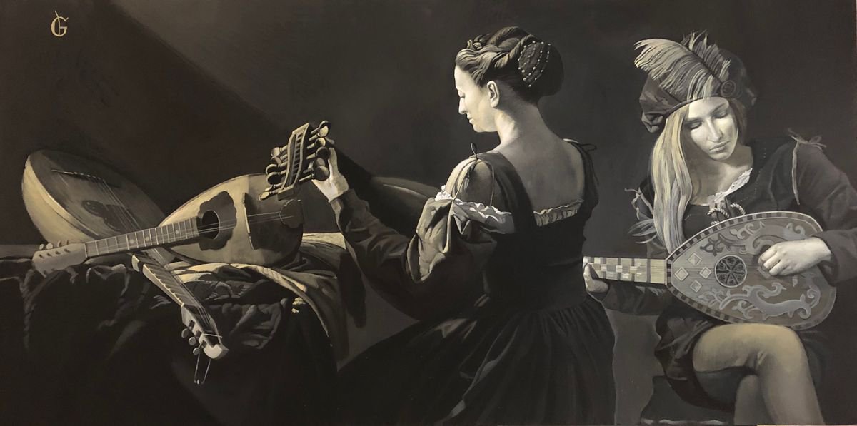 Lute Players Black and White Acrylic Painting by Genya Gritchin