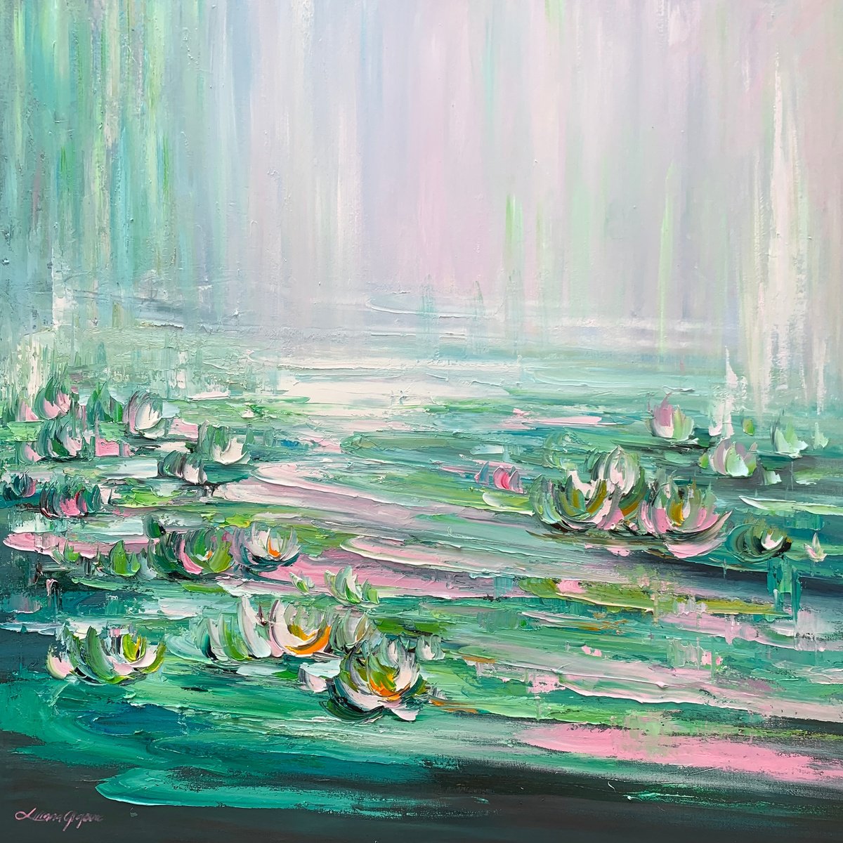 Impressionistic Botanical Oil Painting By Liliana Gigovic, 48 X 48", Water Lilies No 119, Original Artwork
