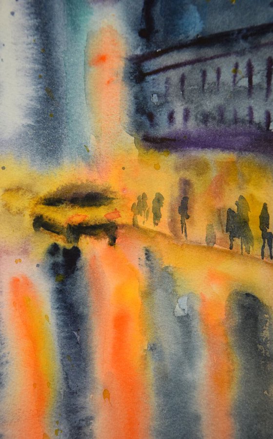 Rainy night New York original watercolor painting, abstract cityscape