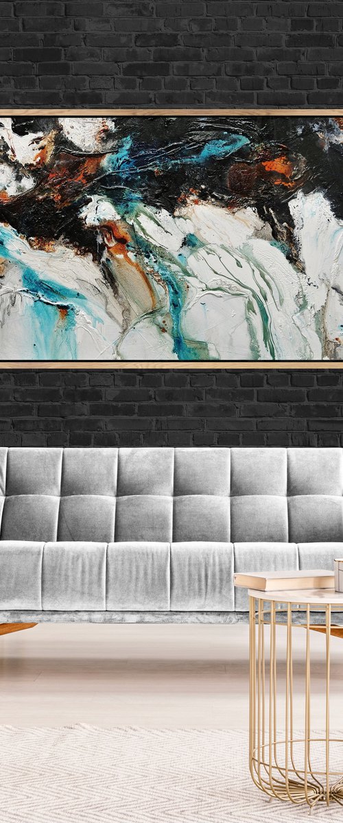 Southern Nature 200cm x 80cm Teal Black White Textured Abstract Art by Franko