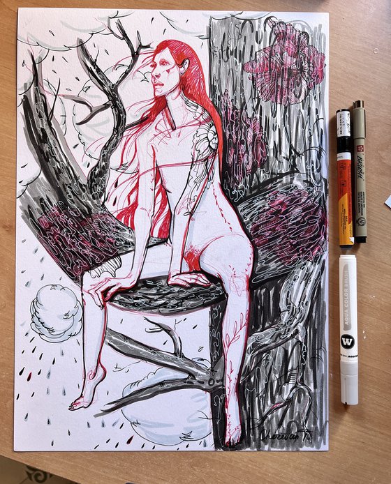 It rained everywhere. Woman in tree