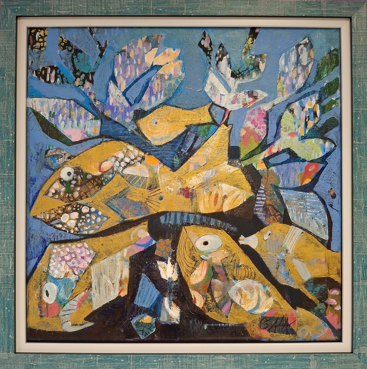 Expressive Animal Oil Painting By Galya Koleva, 18 X 18, 5 Golden Fisches, Original Artwork