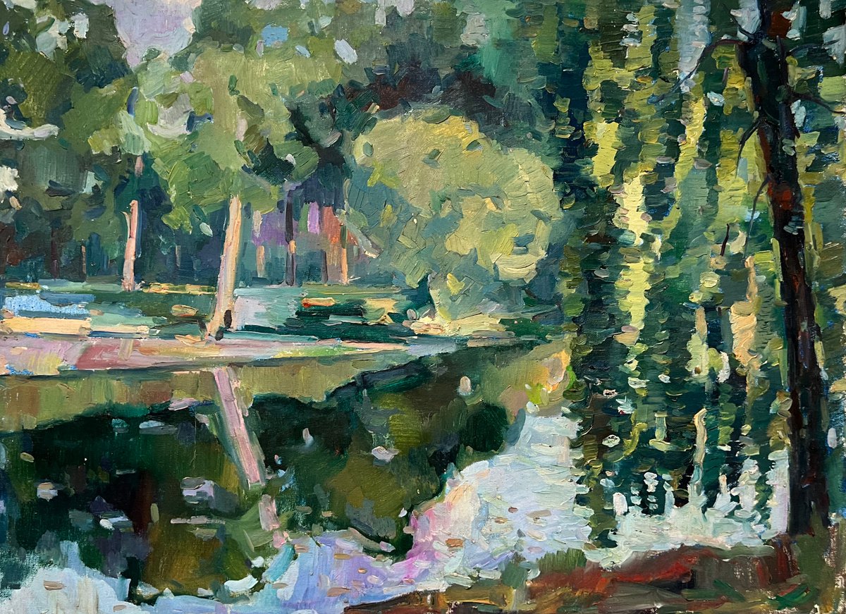 Impressionistic Landscape Oil Painting By Peter Tovpev, 24 X 31", Coolness, Original Artwork