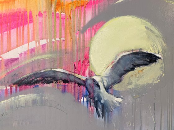 Bright painting - "Seagull" - Expressionism - Bird - Seagull - Sunset