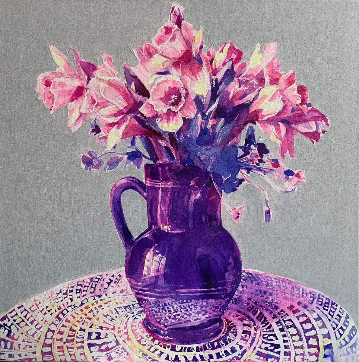 Still Life Painting By Alina Lobanova, 20 X 20, Flower Daffodils, Original Artwork