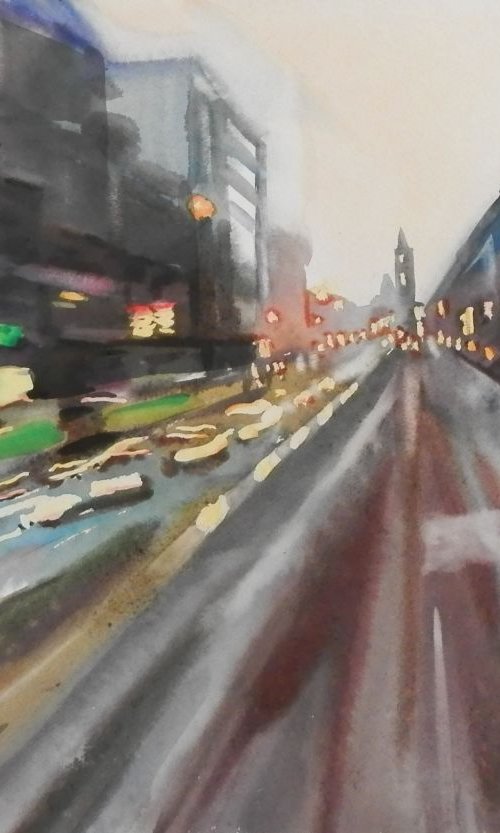 a city in motion, large watercolor painting 98x68 cm by Valentina Kachina