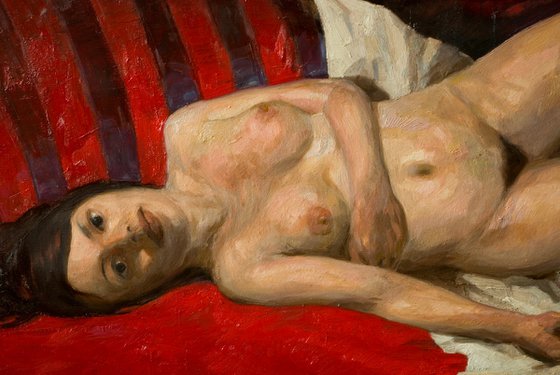 nude woman on red and black