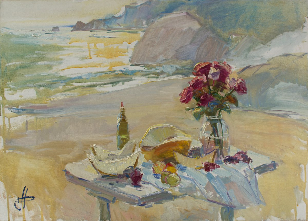 HD93201600 Still-life with roses on the beach by Hanna Davydchenko
