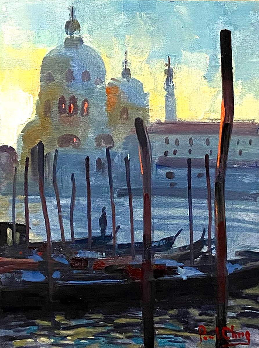 Impressionistic Cityscapes Oil Painting By Paul Cheng, 9 X 12", Venice Sunset #1, Original Artwork
