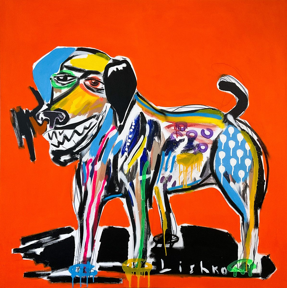 Expressive Animal Acrylic Painting By V. Lishko, 47 X 47", Dog, Original Artwork