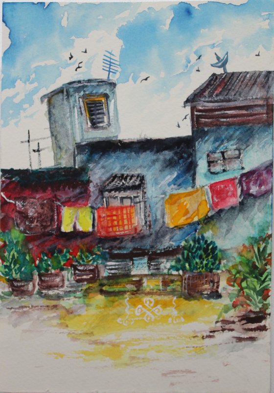 Indian Street Scene with Kolam - Watercolour painting
