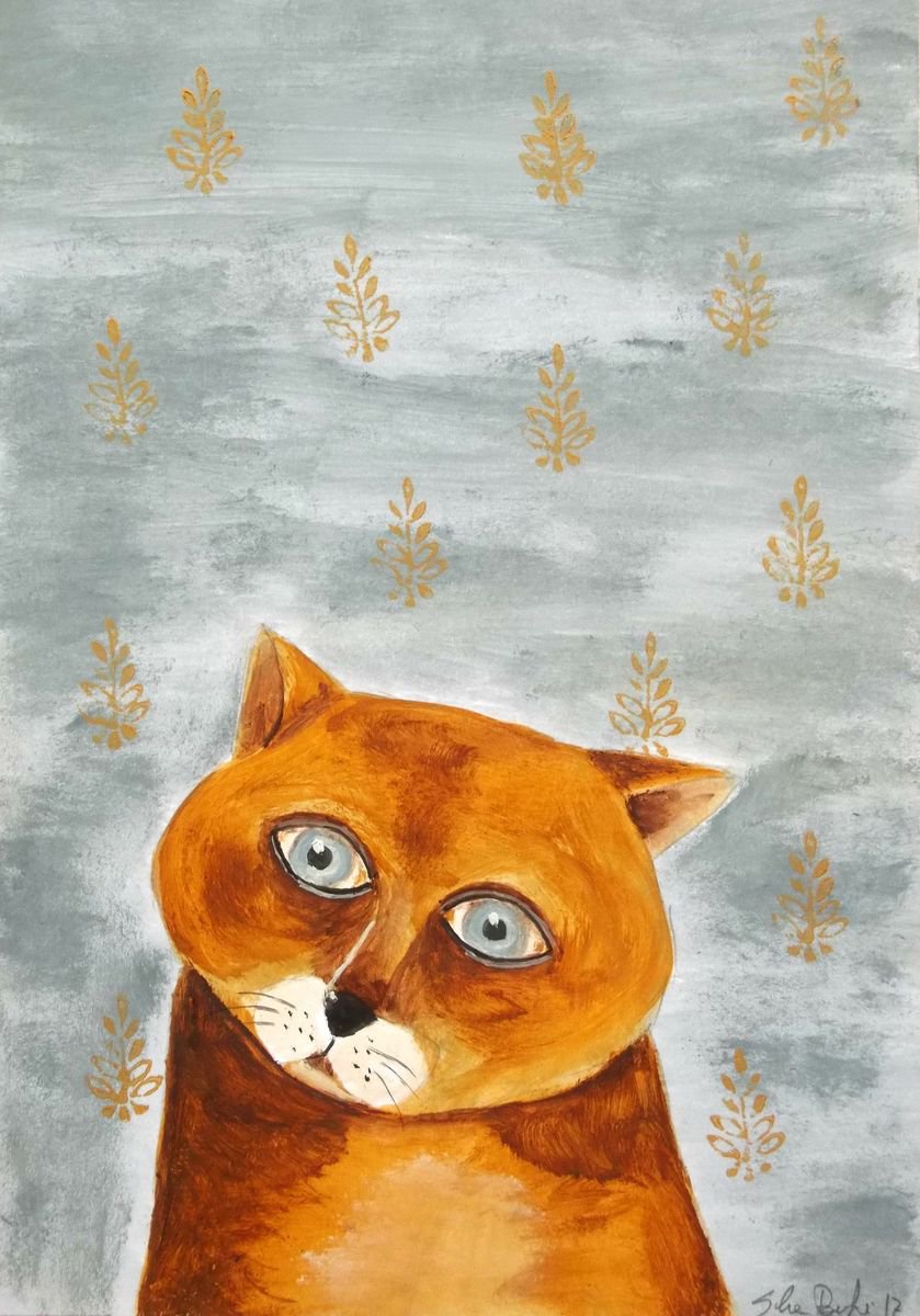 The brown cat - oil on paper by Silvia Beneforti