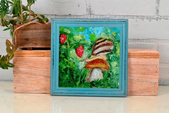 Snail Painting Mushroom Original Art Strawberry Wall Art Small Artwork Oil Impasto Painting