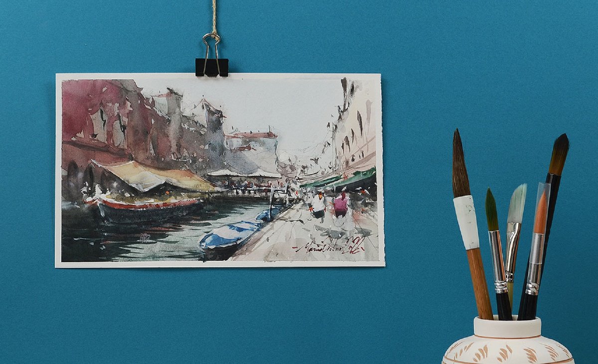 Venice daily life scene, watercolor on paper, 2022 by Marin Victor