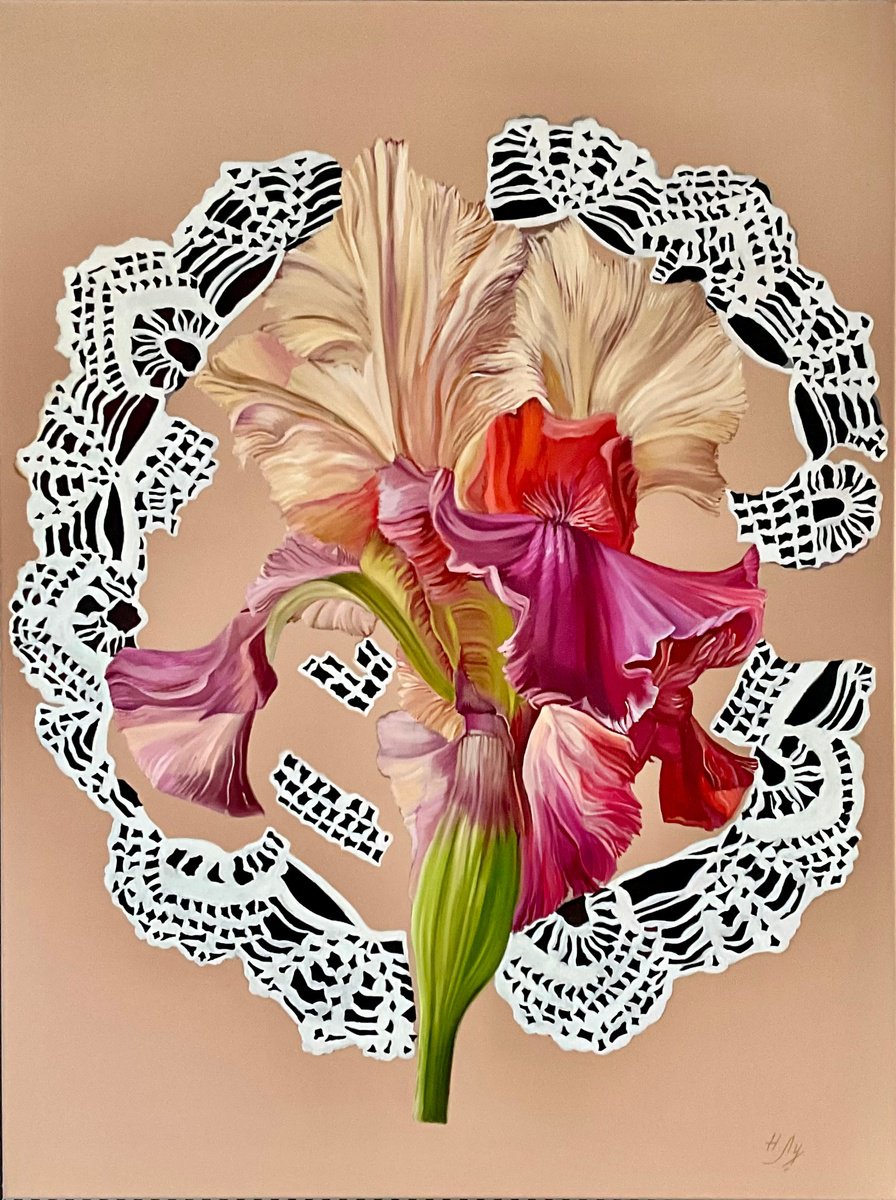 Expressive Botanical Oil Painting By Natalia Lugovskaya, 35 X 47", Iris On Lace, Original Artwork