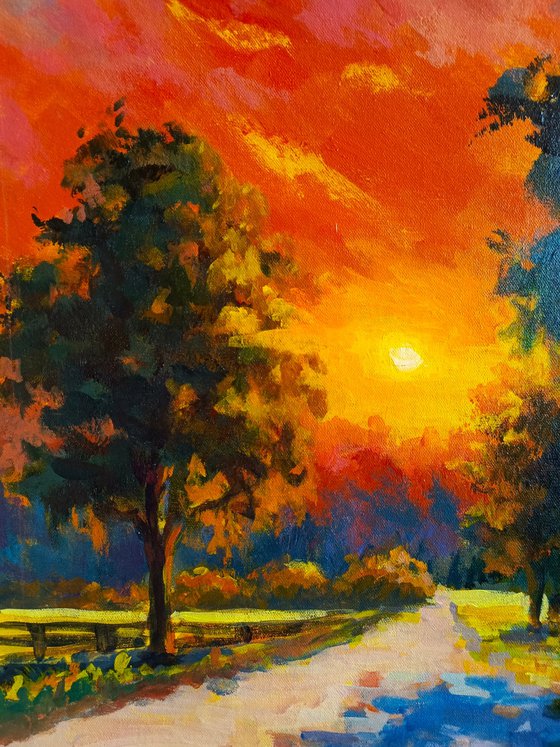 Sunrise landscape road trees