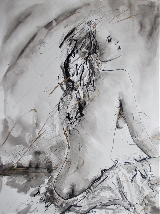 Moonlight Repose- Woman-Figurative Ink Drawing on Paper