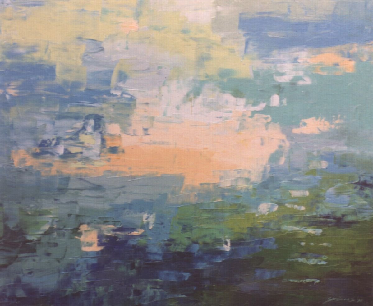 Abstract Landscape Oil Painting By Saroja Van Der Stegen, 30 X 25", Bleu Sky (Ref#:370-20F), Original Artwork