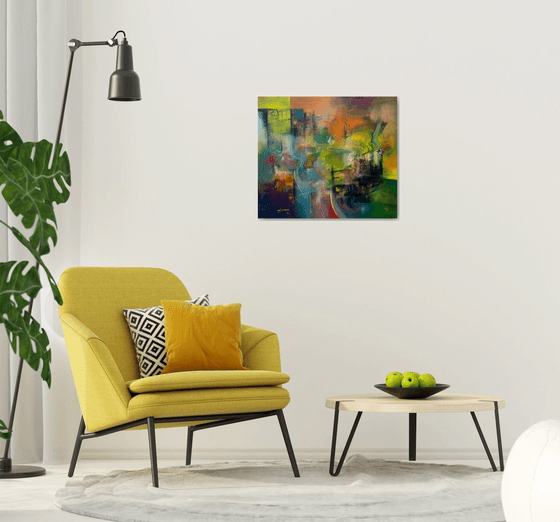 Immaterial Landscape, Home painting, Colorful art, Abstract Landscape, Blue green orange colorful oil on canvas