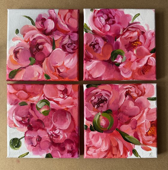 A quadriptych of salmon peonies