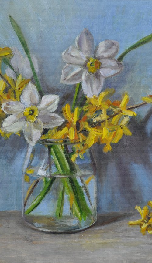 Forsythia and Daffodils original oil painting by Marina Petukhova