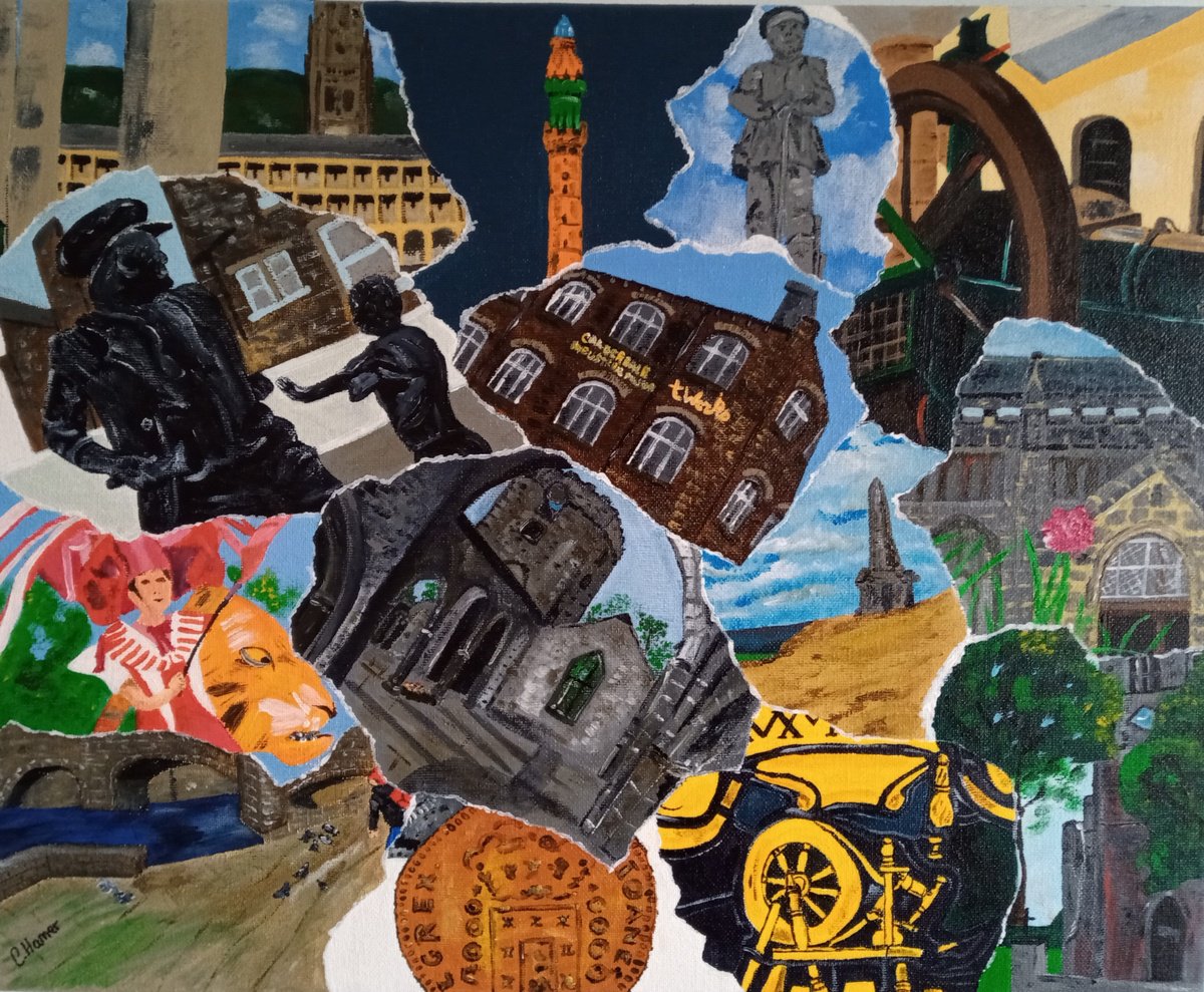 Naive Cityscapes Acrylic Painting By Corinne Hamer, 20 X 16, Depictions Of Calderdale, Original Artwork