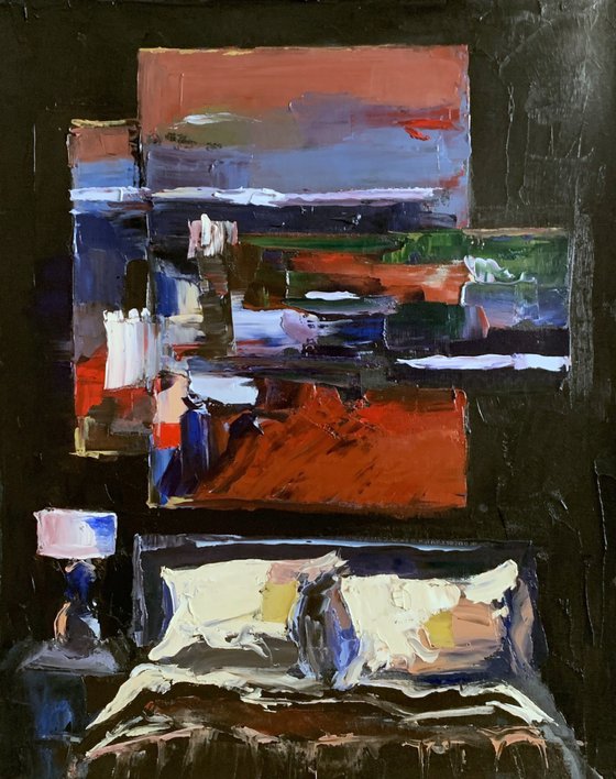 Room,bed,abstract art.