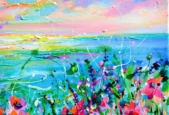 Wild Flowers and Poppies on the Seaside Cliff