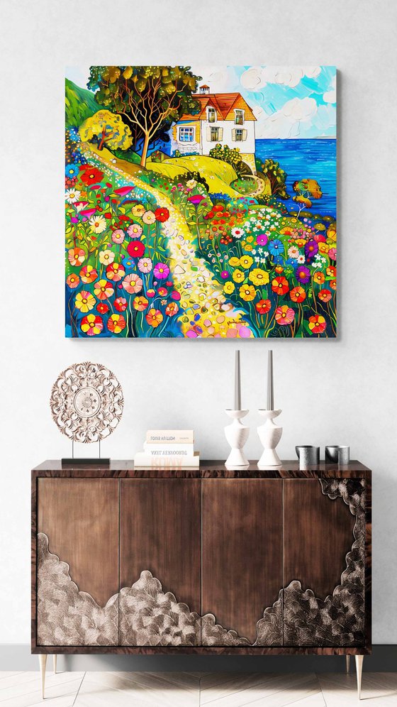 Sunny day with cozy house near the sea. Colorful impressionistic fairytale floral landscape fantasy flowers. Hanging large positive relax naive fine art for home decor, inspiration by Matisse and Klimt