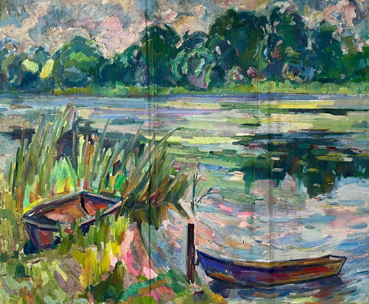 Impressionistic Landscape Oil Painting By Peter Tovpev, 26 X 31", Boats, Original Artwork