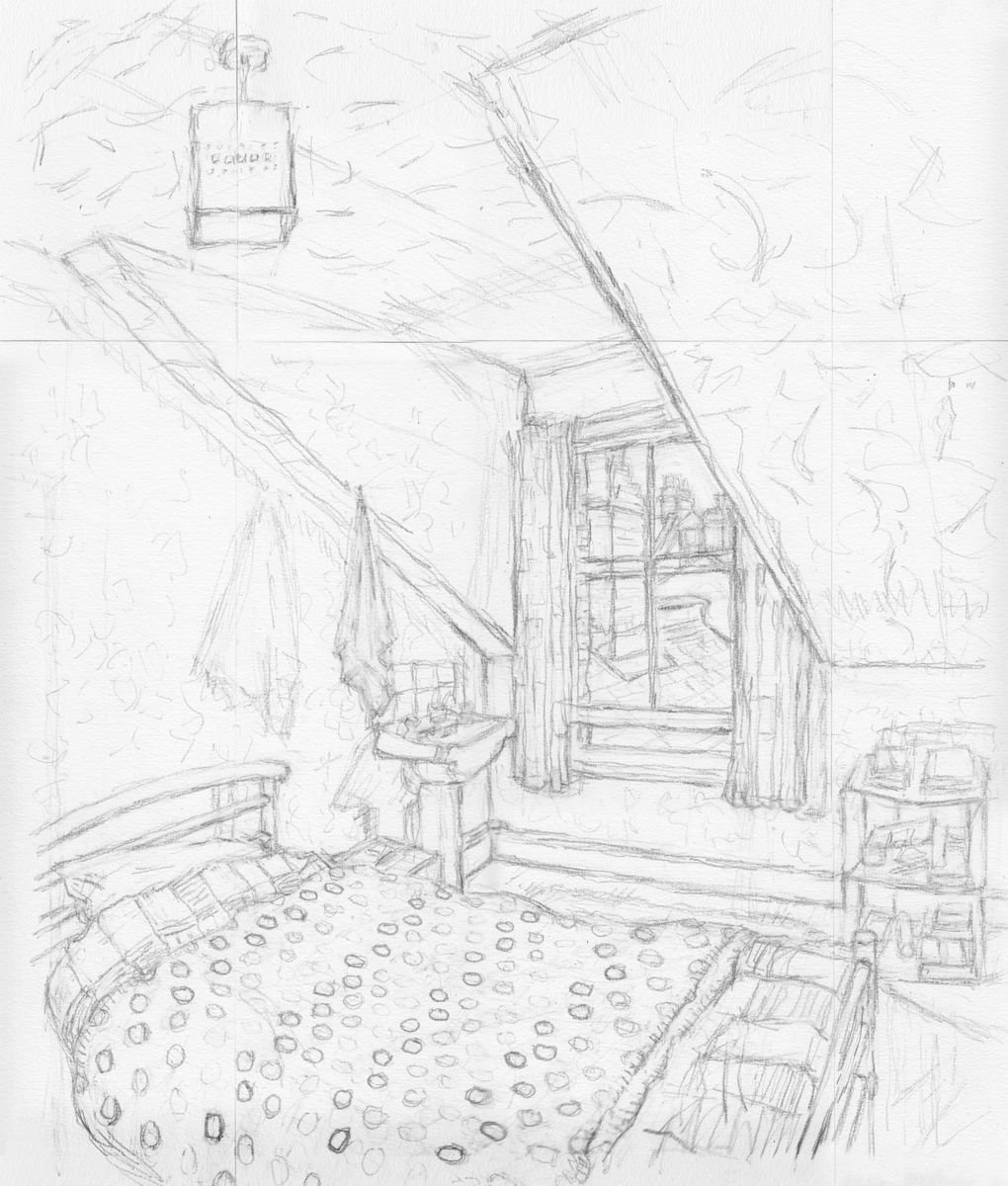 Room 6 - Sunday morning -pencil drawing by Hugo Lines