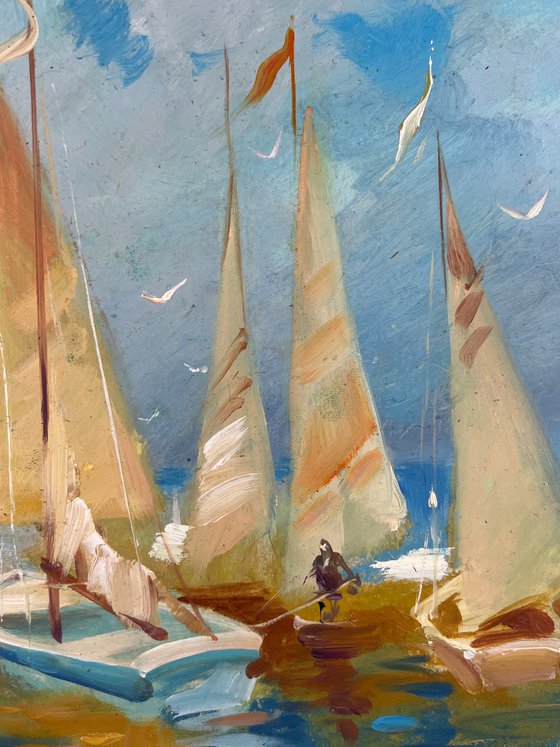 Sailing Boats Moored in Front of the Sea