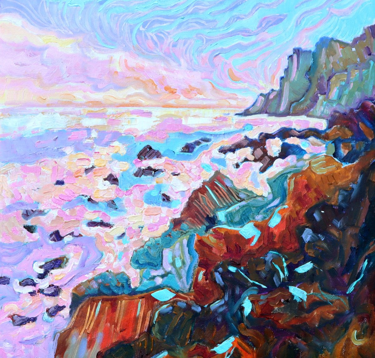 Impressionistic Landscape Oil Painting By Mary Kemp, 12 X 12", Rocky Inlet, Isle Of Wight, Original Artwork