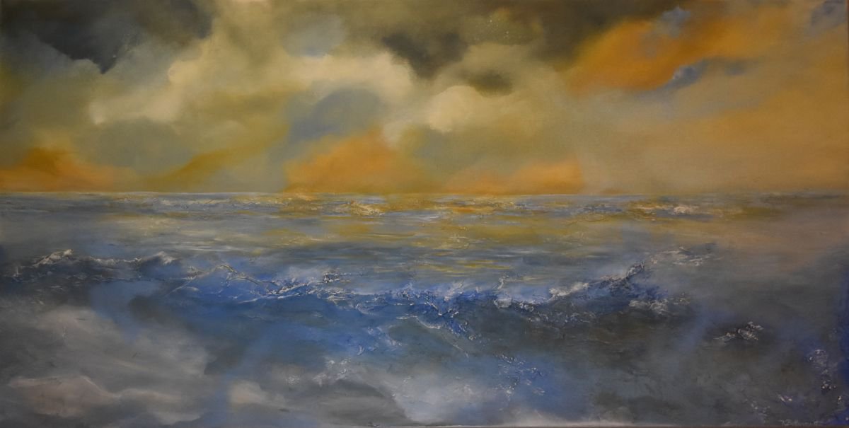 Abstract Landscape Acrylic Painting By Tamara Bettencourt, 48 X 24", Cerulean Seas ~Special Merit Award~, Original Artwork