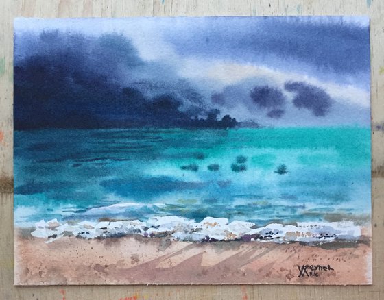 The ocean before the thunderstorm. Turquoise watercolor seascape painting.