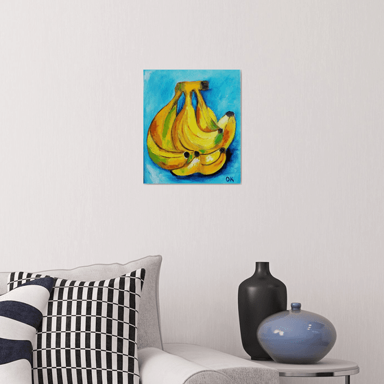 Bananas on  turquoise  Still life. Palette knife painting on linen canvas