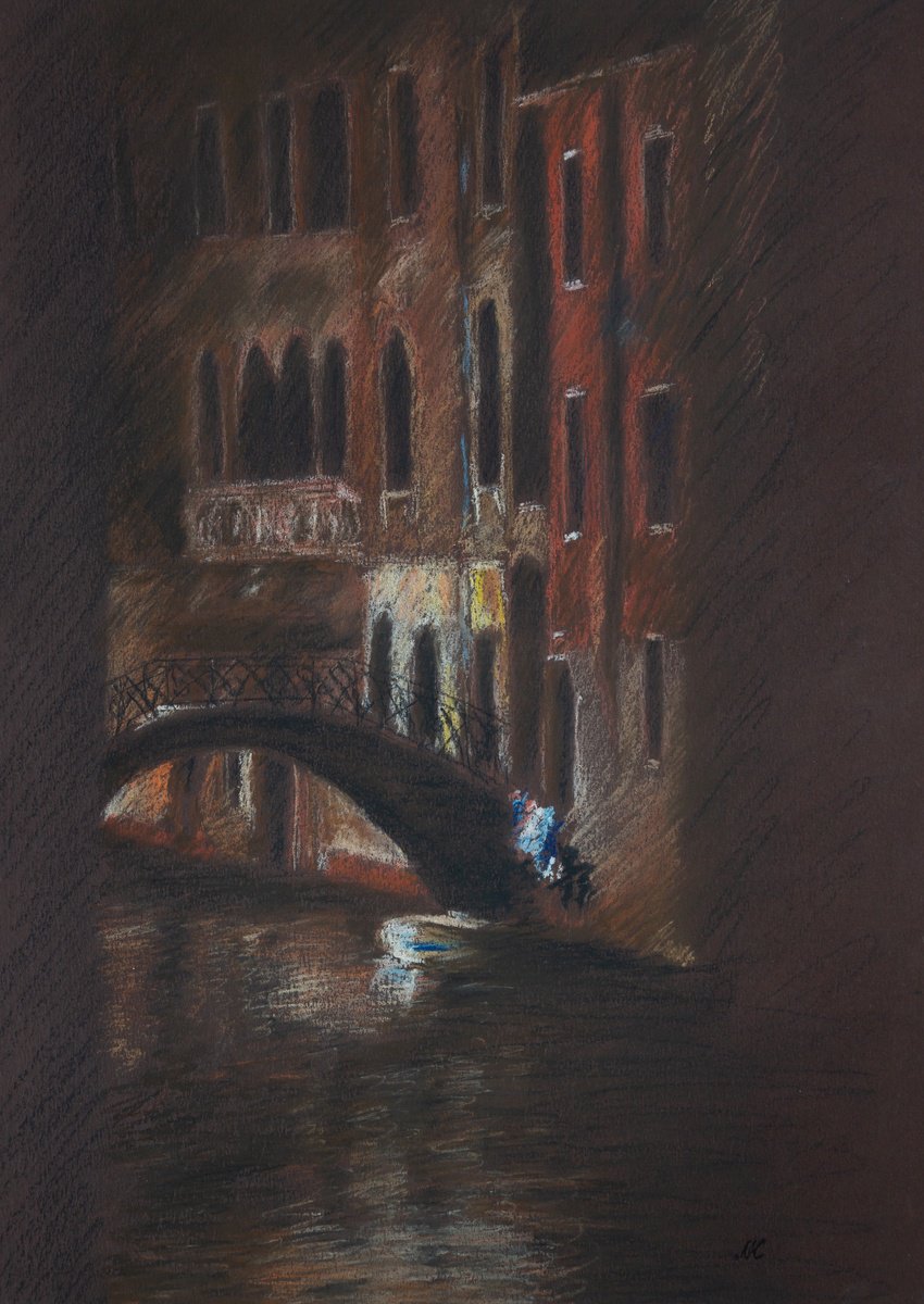 Impressionistic Cityscapes Pastel Drawing By Kateryna Nazarenko, 12 X 17", Night In Venice, Original Artwork