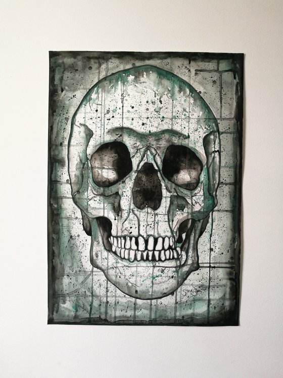 Pearly Whites.Skull Watercolour Painting on Paper. 42cm x 59.4cm. Free Worldwide Shipping