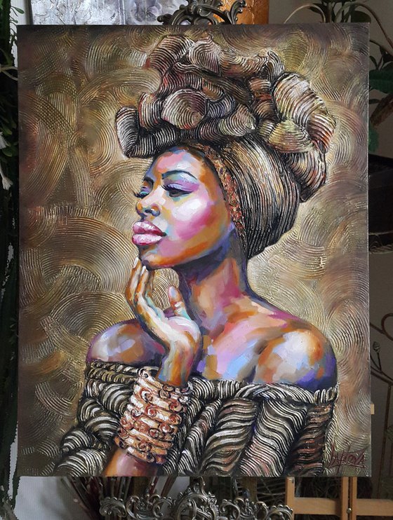 Painting portrait Gold of Africa, portrait of african woman