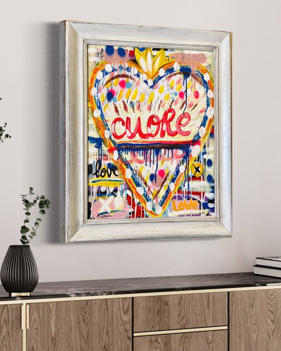 White Cuore, with vintage frame (75x66 cm) ready to hang