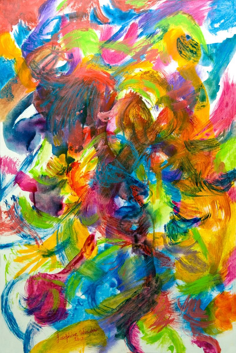 Expressive Abstract Acrylic Painting By Josephine Window, 24 X 36", Vibrant Moments, Original Artwork