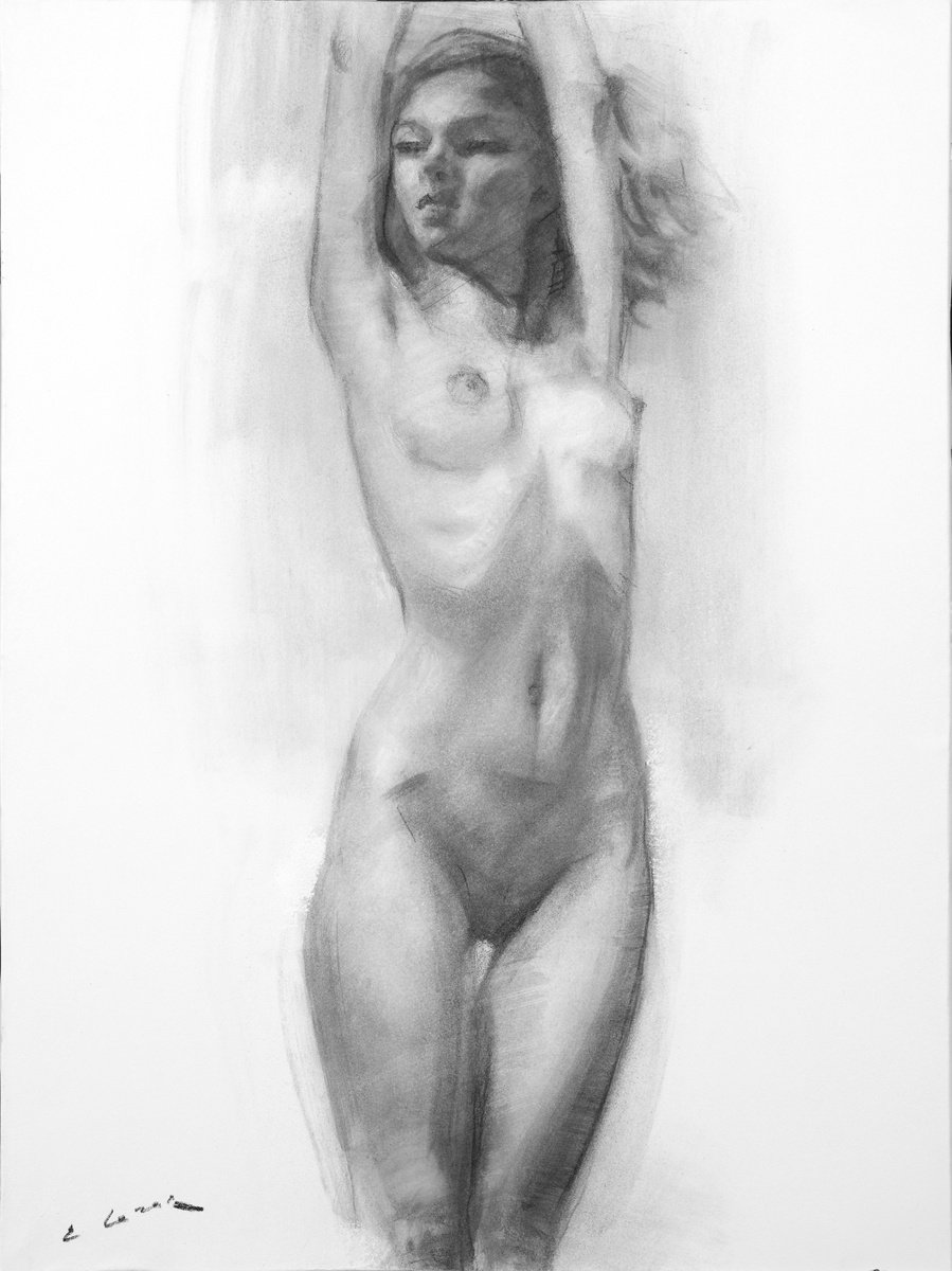 Graphic Portrait Charcoal Drawing By Eugene Segal, 22 X 30, Nude, Original Artwork