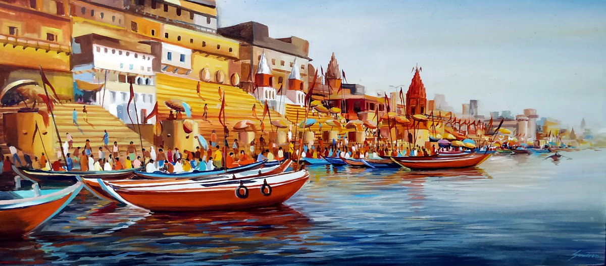 Impressionistic Cityscapes Acrylic Painting By Samiran Sarkar, 101 X 45", Morning Varanasi Ghats, Original Artwork
