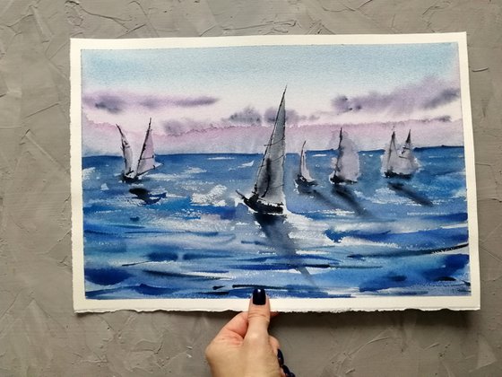 Sailboat sketch painting. Seascape