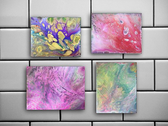 "Revelations" - FREE WORLDWIDE SHIPPING - Original Quadriptych, Abstract PMS Fluid Acrylic Paintings Series - 20" x 18"