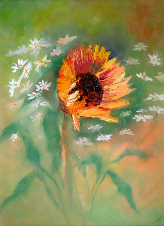 In the wind. Sunflower original oil painting Floral artwork