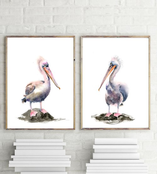 Set of 2 Pelicans  - Original Watercolor Paintings by Olga Shefranov (Tchefranov)